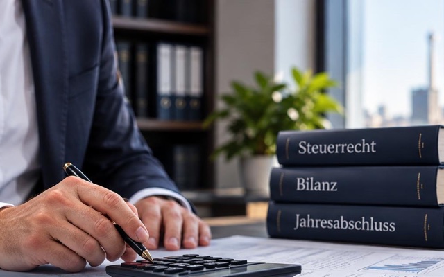 Berater im Anzug am Taschenrechner, daneben Fachbücher zu Steuerrecht, Bilanz und Jahresabschluss