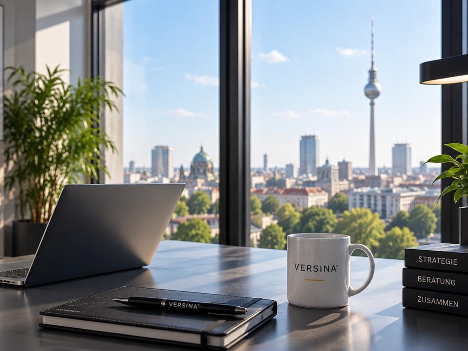 Schreibtisch mit Laptop, Notizbuch und Tasse vor einem Fenster mit Blick über Berlin